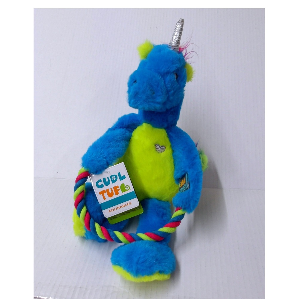 Cudl Tuff Adurables Magic Unicorn Dog Toy Blue Lime Green Plush Rope Ring #26470